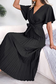 Black wrap bodice midi dress with flutter sleeves and pleated skirt