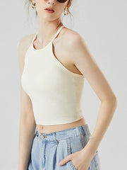 Cream ribbed racerback crop top with halter neckline and keyhole back detail