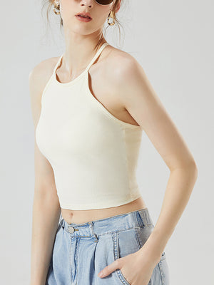 Cream ribbed racerback crop top with halter neckline and keyhole back detail