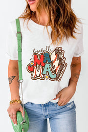 White graphic tee with retro baseball Mama design and daisy accents