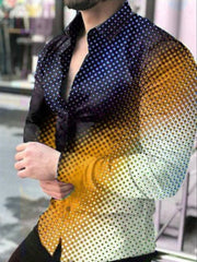 Cosmic print stretch button-down shirt in gradient blue to yellow, cotton blend, casual overshirt style.
