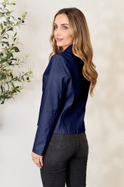 Navy faux leather biker jacket with a stand-up collar and tailored fit.