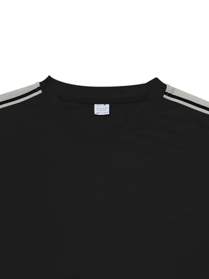 Black crew neck t-shirt with sporty striped shoulders