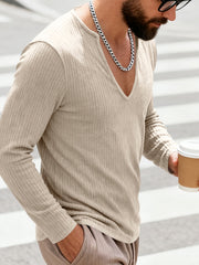 Men's ribbed long sleeve t-shirt in Apricot with deep V-neck