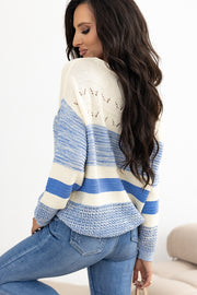 Striped knit sweater in light blue and cream with eyelet yoke detail and crochet hem.