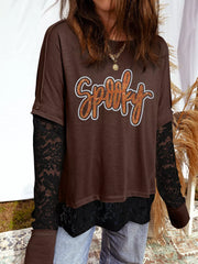 Brown oversized t-shirt with sequin "Spooky" graphic, lace sleeves, and lace hem.