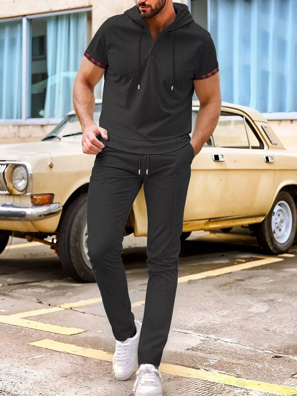 Men's Casual Short-sleeve Hoodie And Pants Set, front view