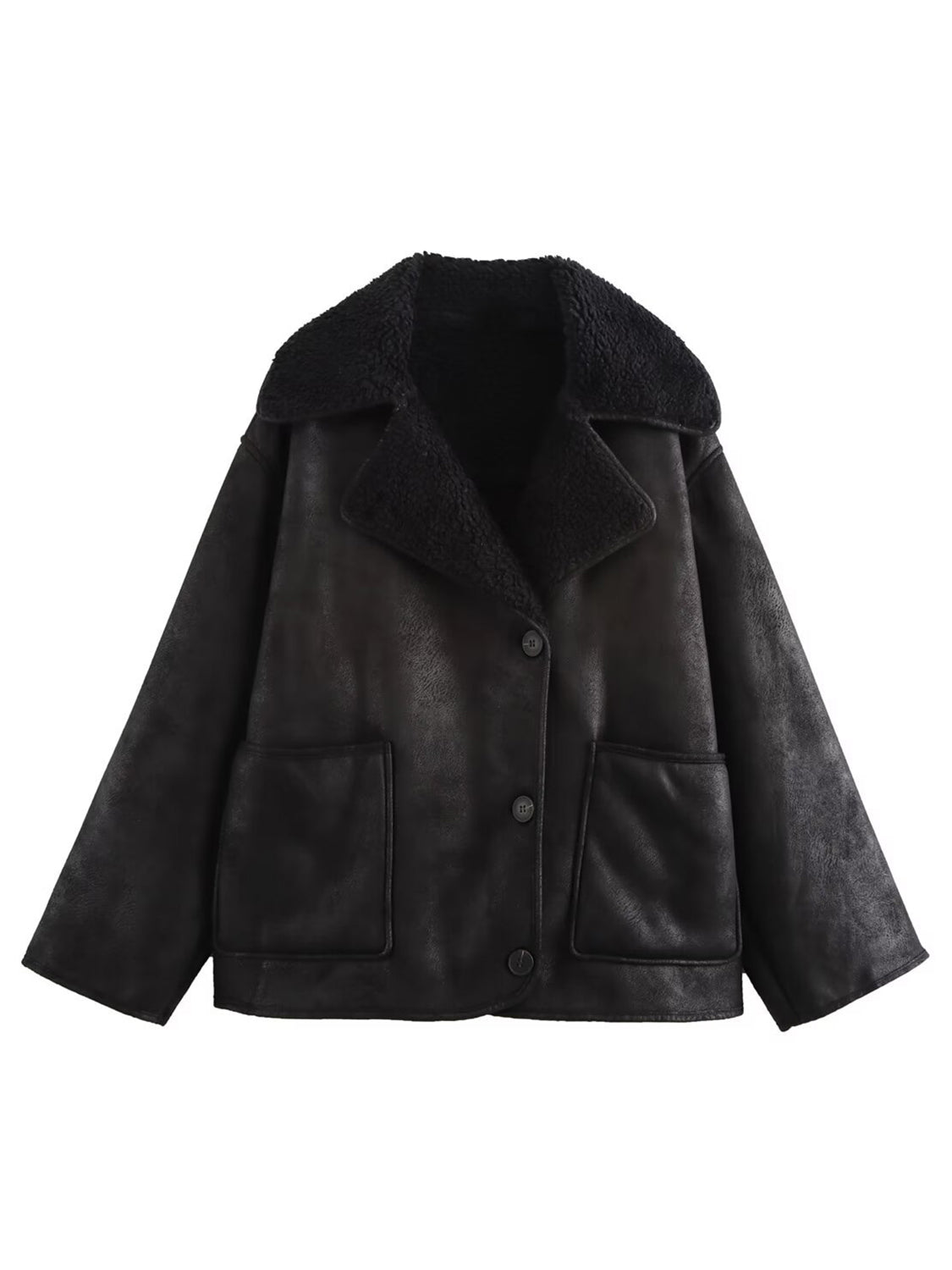 Black aviator jacket with shearling trim and button closure.