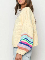 Chunky Knit Rainbow Sleeve Cardigan in Cream, close-up detail