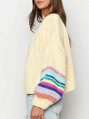 Chunky Knit Rainbow Sleeve Cardigan in Cream, close-up detail