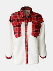Plaid & Sherpa Hybrid Shacket in Deep Red with button front and chest pockets.