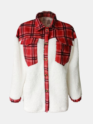 Plaid & Sherpa Hybrid Shacket in Deep Red with button front and chest pockets.