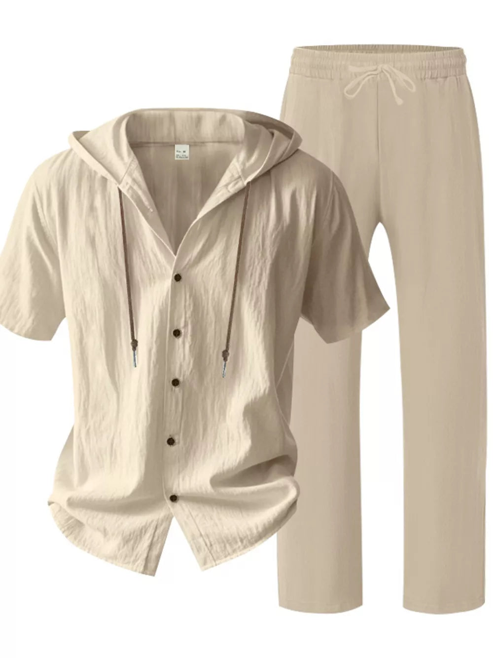 Khaki linen blend hooded short sleeve top and drawstring pants ensemble.