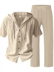 Khaki linen blend hooded short sleeve top and drawstring pants ensemble.