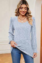 Light Blue Flounce Charm Square Neck Tee with puff sleeves and ruffled cuffs.