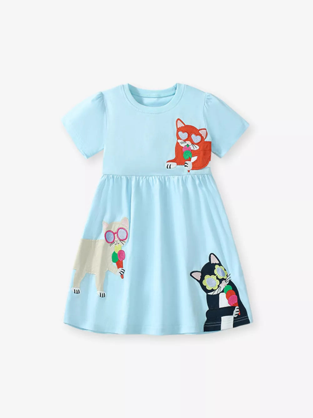 Mint blue cotton toddler dress with cartoon cats wearing sunglasses and eating ice cream.