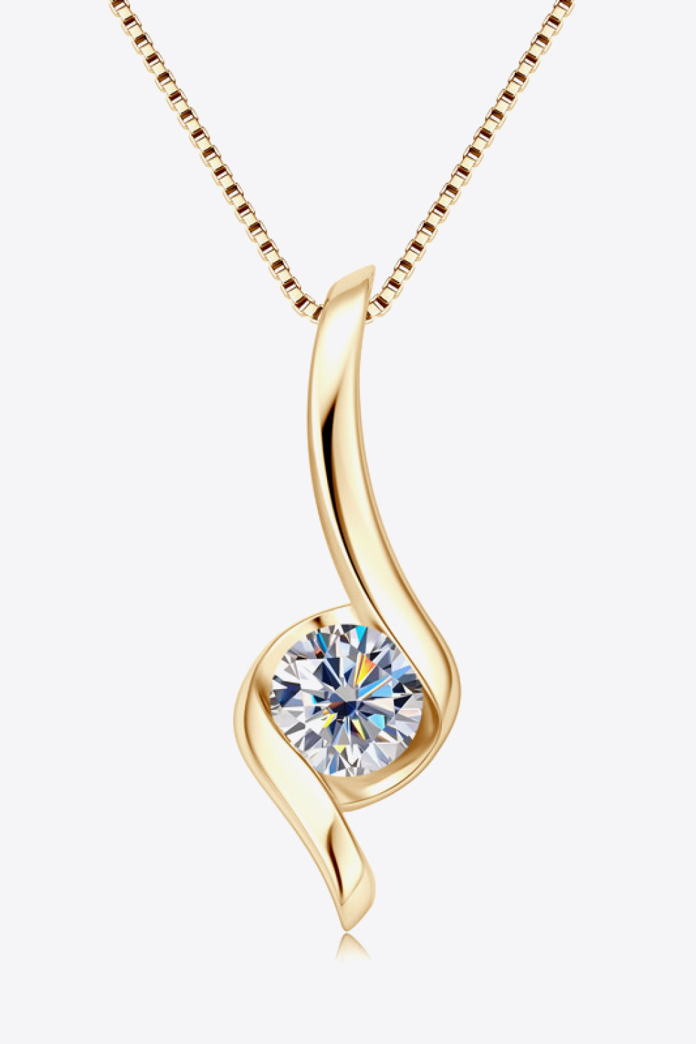Gold moissanite pendant necklace with swirling design and box chain.