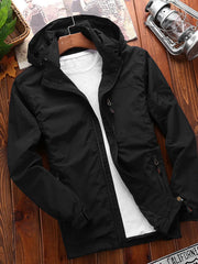 Men's black lightweight hooded jacket with zip pockets and a full zip front.