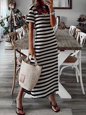 Full Size Striped V-neck Midi Dress With Side in Yellow, model styling view