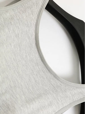 Heather gray modal tank top with bound neckline and armholes.
