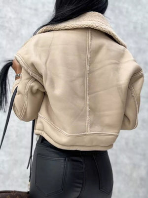 Beige cropped sherpa-trim jacket with contrast stitching and a relaxed fit.