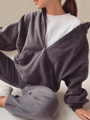 Dark Gray fleece zip-up hoodie and jogger set with a white t-shirt.