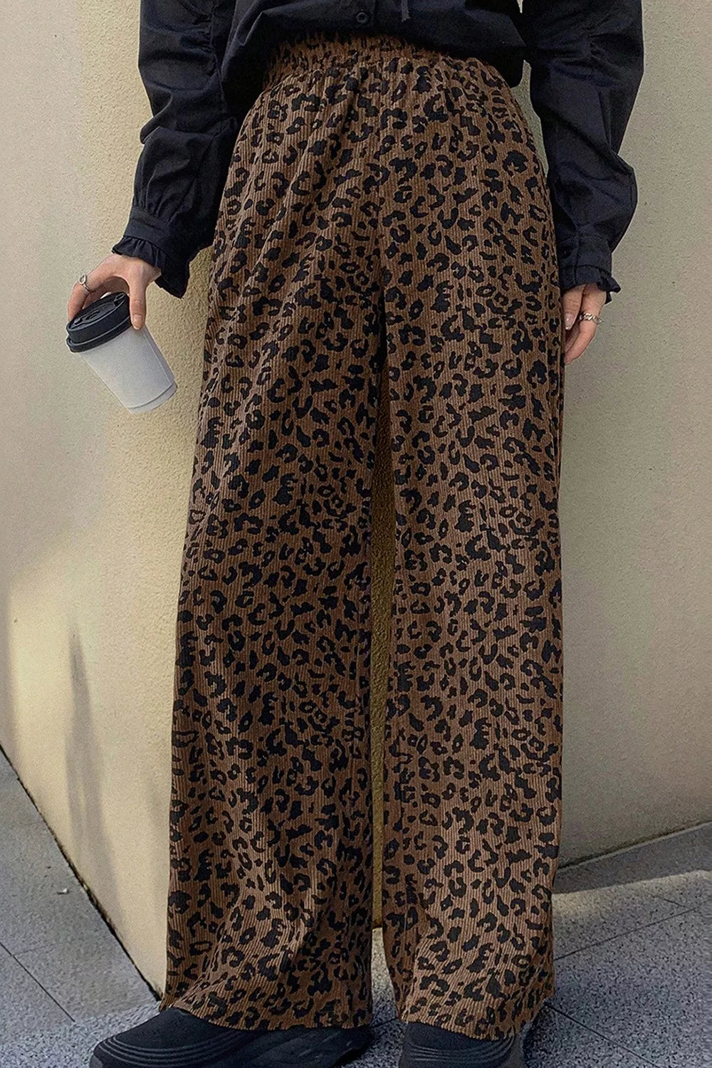 Leopard Print Elastic High Waist Corduroy Pants in Coffee Brown, close-up detail
