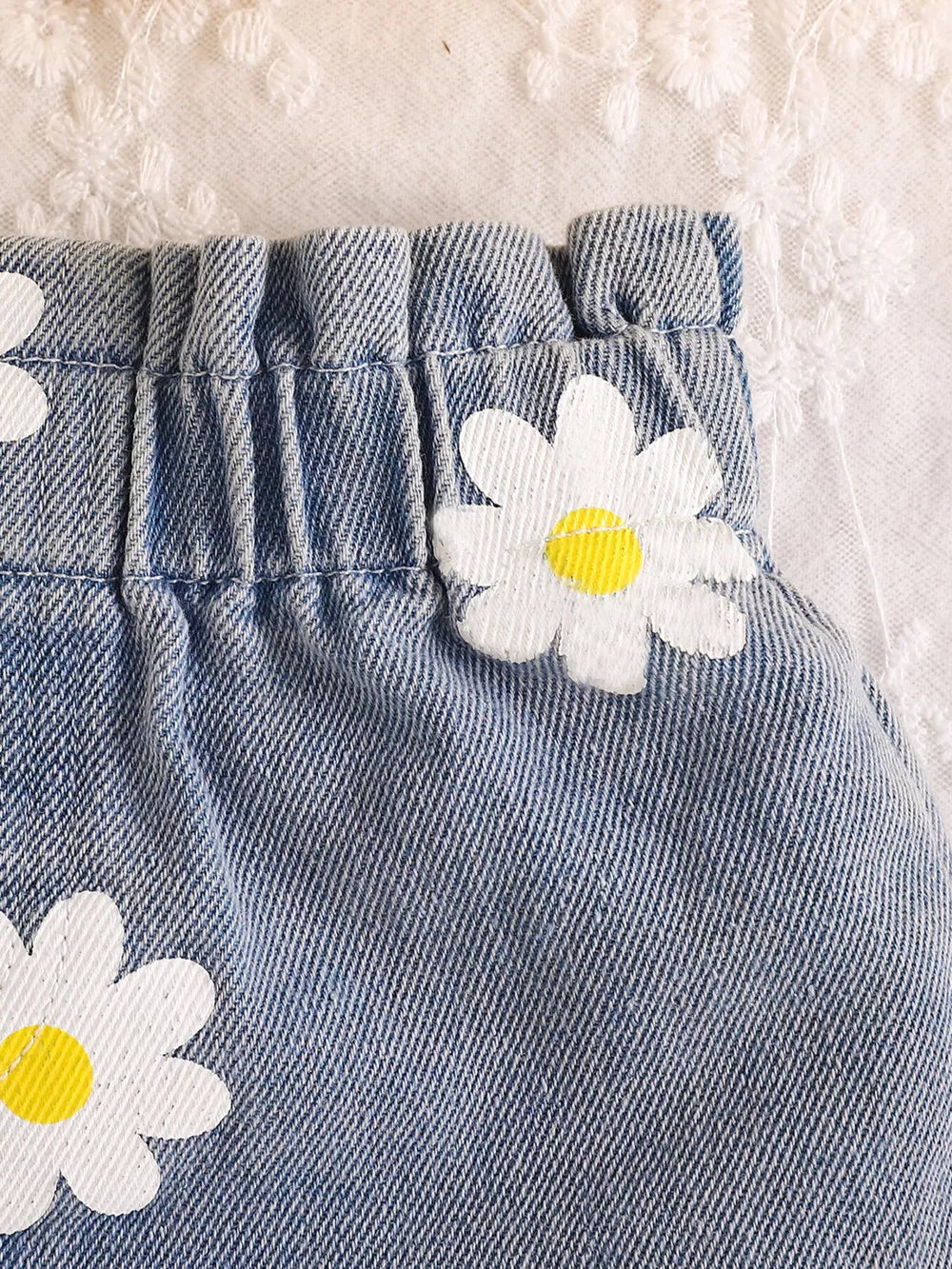 Children's Daisy Print Cami And Denim Shorts Set in Yellow, close-up detail