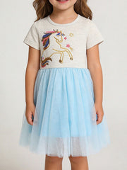 Toddler blue tulle dress with unicorn embroidery on light grey top