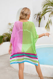 Pink and lime green mesh cover-up with striped hem and scoop neck.