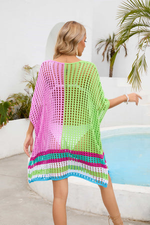 Pink and lime green mesh cover-up with striped hem and scoop neck.