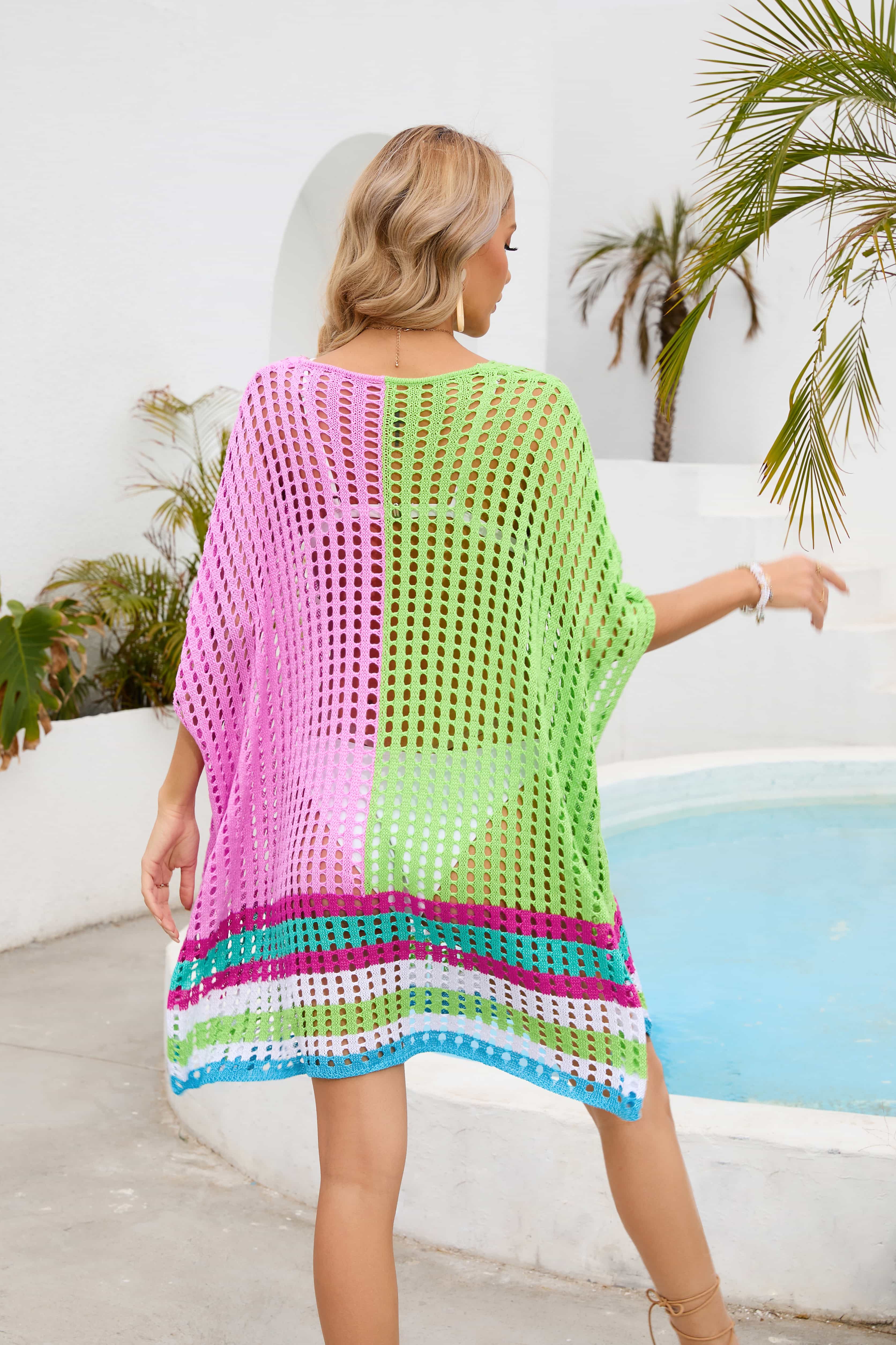 Pink and lime green mesh cover-up with striped hem and scoop neck.