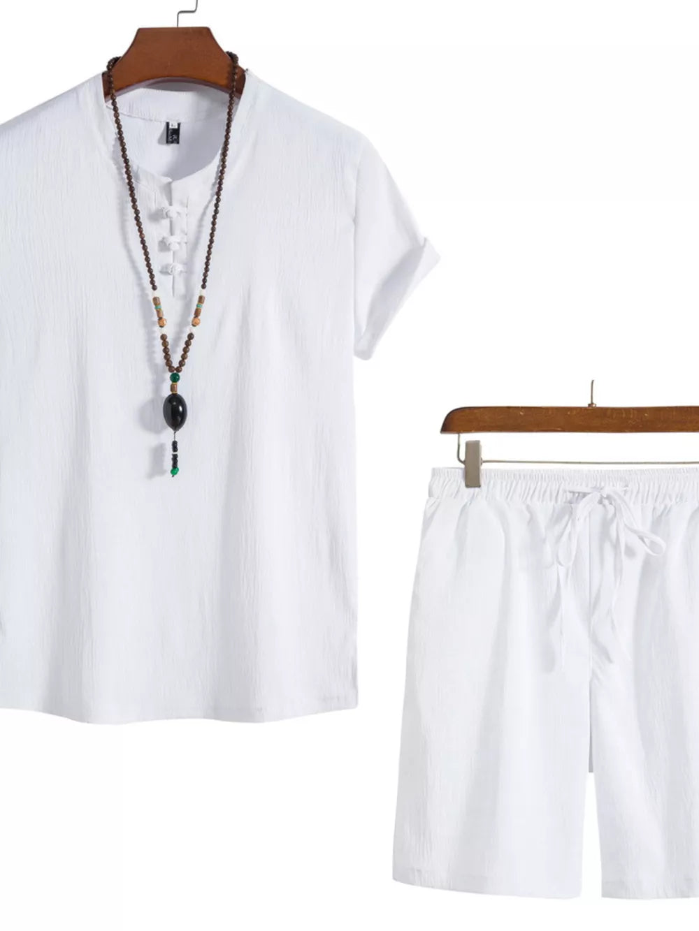 White Mandarin collar casual set for men, short sleeve Henley shirt and drawstring shorts.
