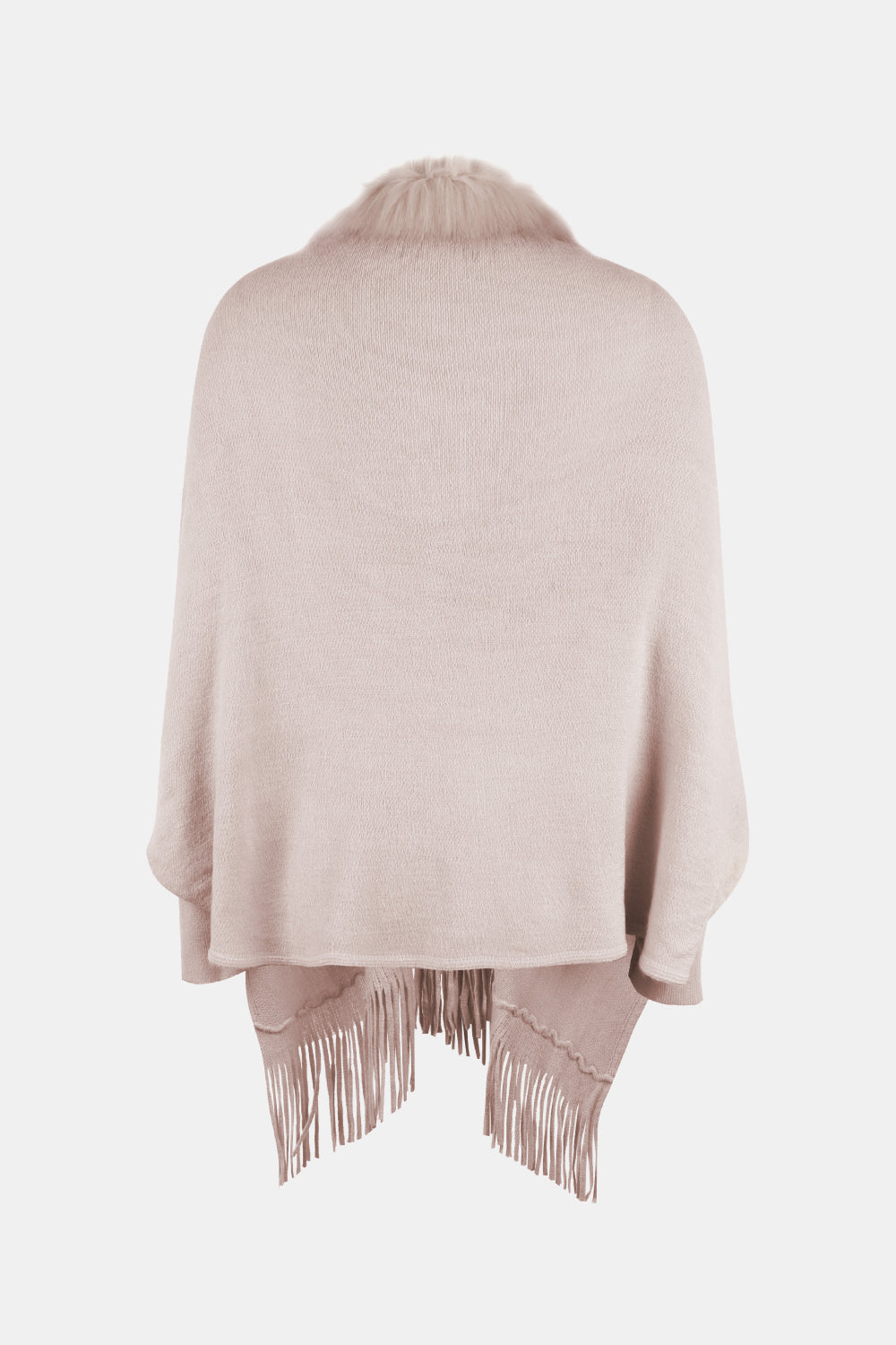 Blush pink faux fur trimmed fringe cape with a knit texture.