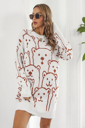 White knit dress with allover brown bear motif, crew neck, long sleeves.