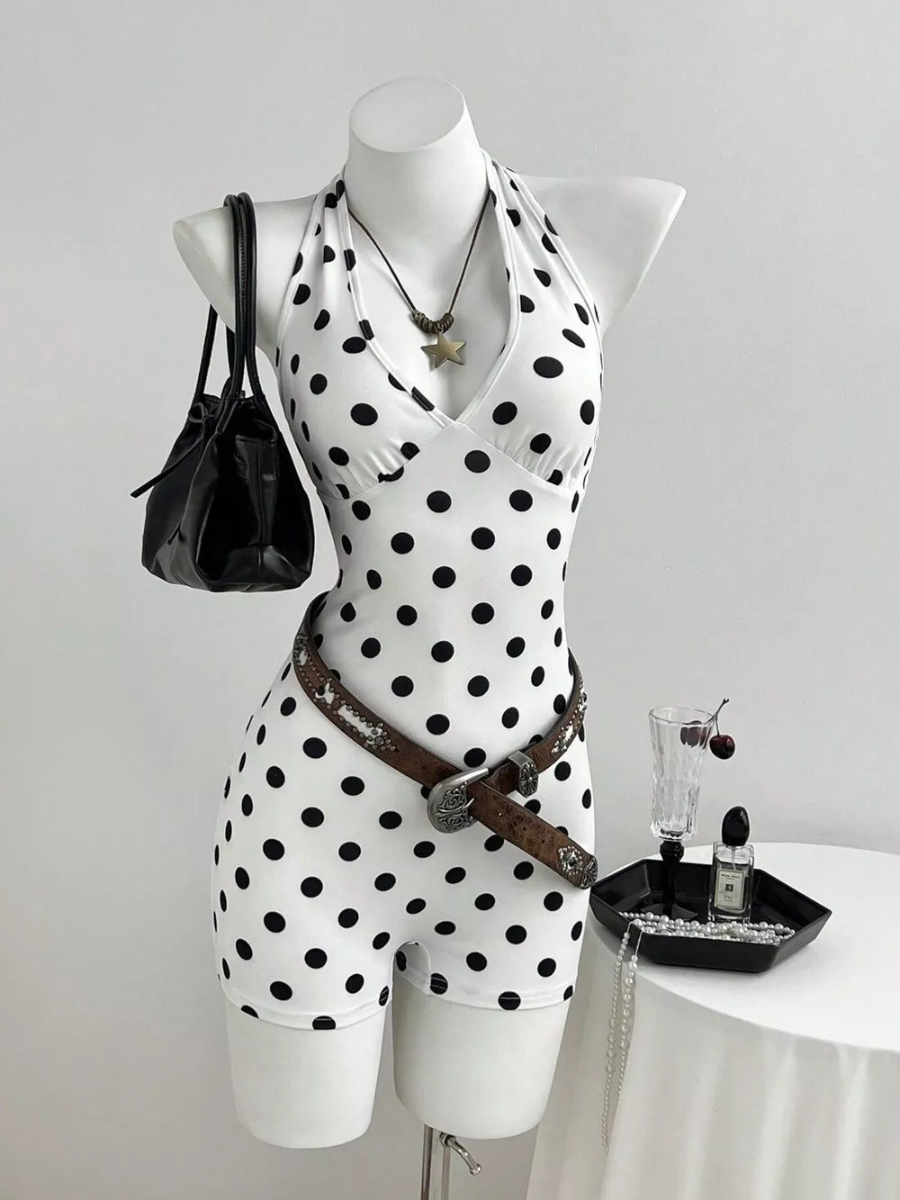 Polka Dot Halter Neck Romper, front view
