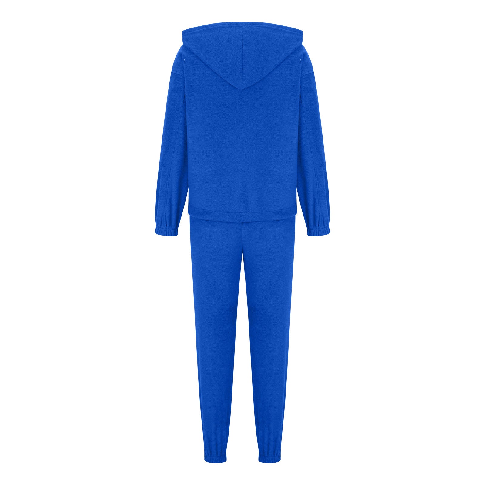 Royal blue fleece hoodie and jogger set with drawstring hood and elastic cuffs.