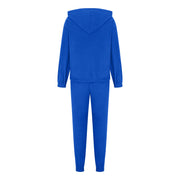 Royal blue fleece hoodie and jogger set with drawstring hood and elastic cuffs.
