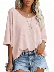 Waffle knit relaxed v-neck t-shirt in Coral Pink with a loose fit and short sleeves.