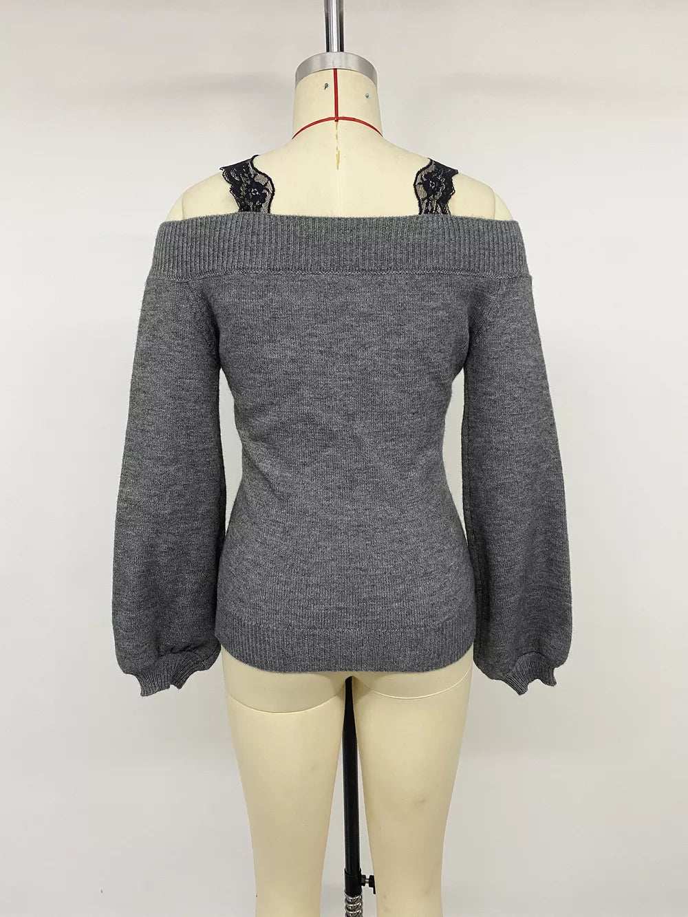 Off-shoulder Lace Trim Sweater in Dark Gray, product detail