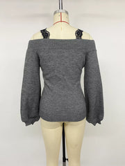 Off-shoulder Lace Trim Sweater in Dark Gray, product detail