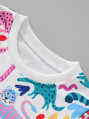 Kids crew neck sweatshirt in multicolor with a playful animal print pattern.