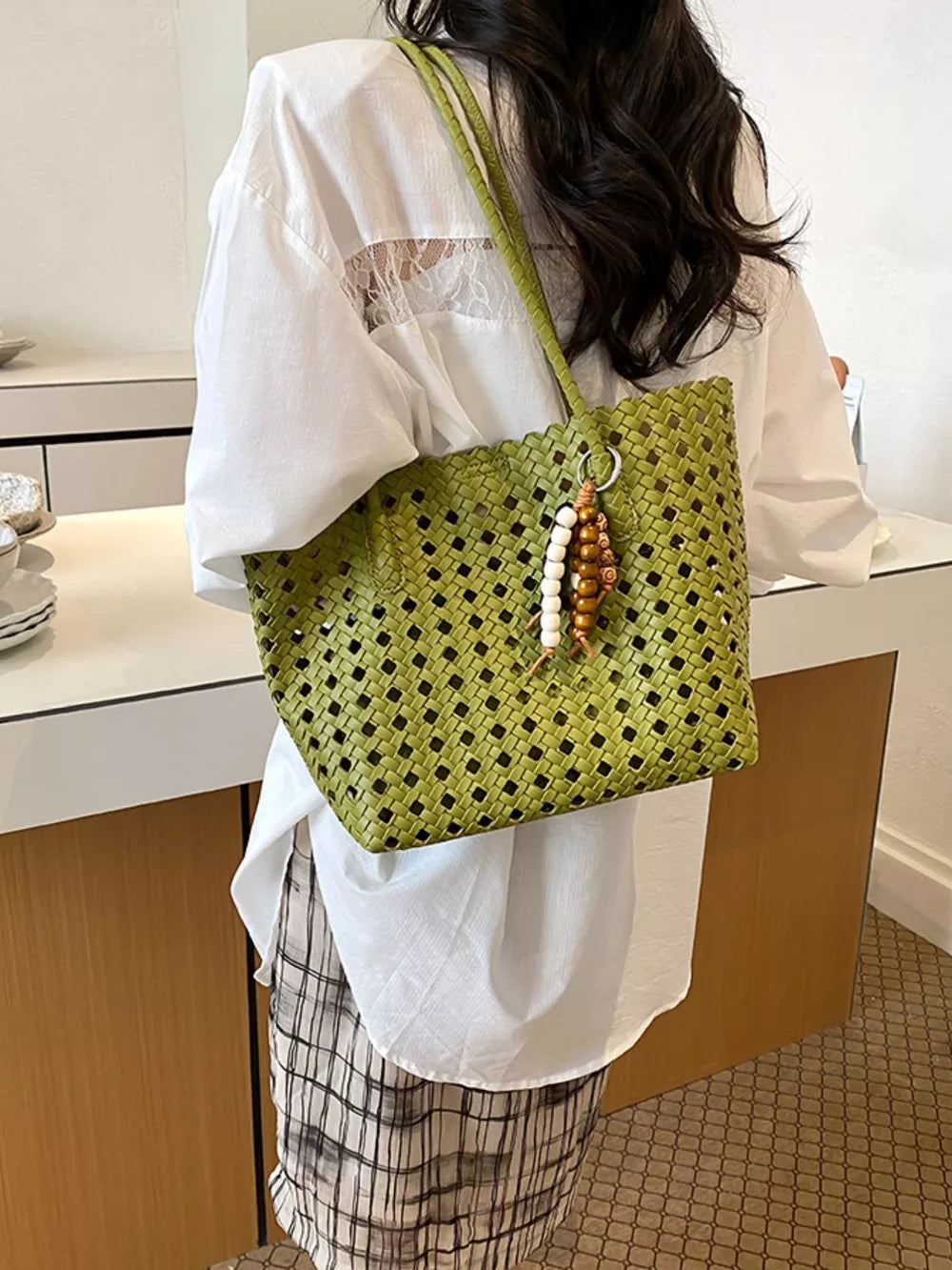 Cutout Leather Shoulder Bag in Yellow, back view
