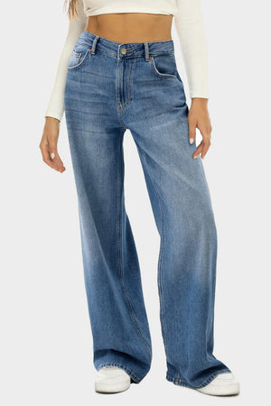 Wide-leg denim jeans in Dusty Blue with a subtle fade and button closure.
