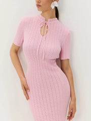 Blush pink knitted mermaid dress with tie neckline and short sleeves