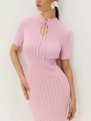 Blush pink knitted mermaid dress with tie neckline and short sleeves