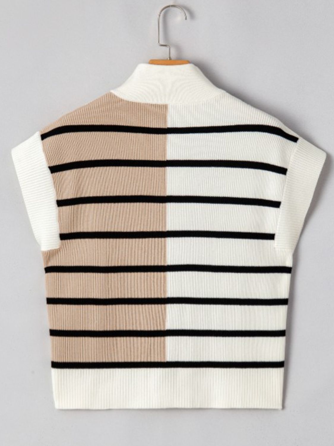 Colorblock ribbed zip polo with black horizontal stripes and mock neck.
