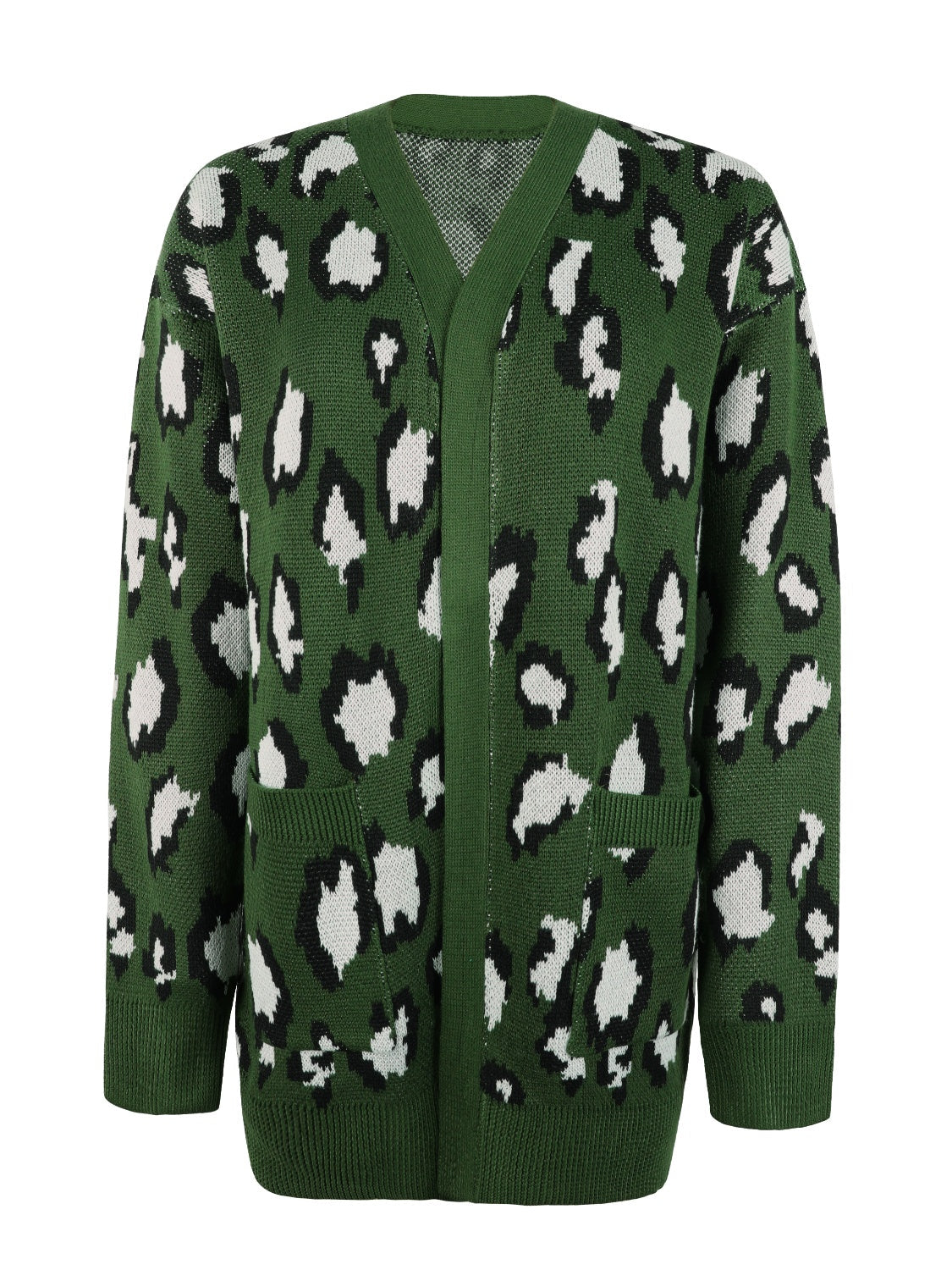 Army green knit cardigan with leopard print, open front, long sleeves, and pockets.