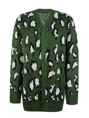 Army green knit cardigan with leopard print, open front, long sleeves, and pockets.