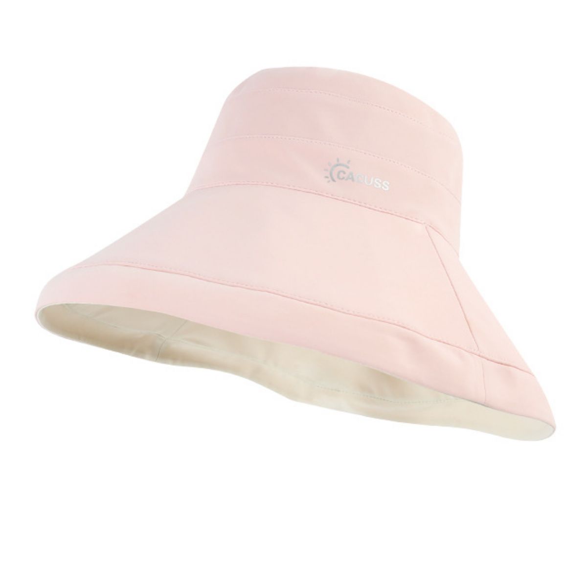 Wide brim sun hat in blush pink with UV protection and subtle logo detail.